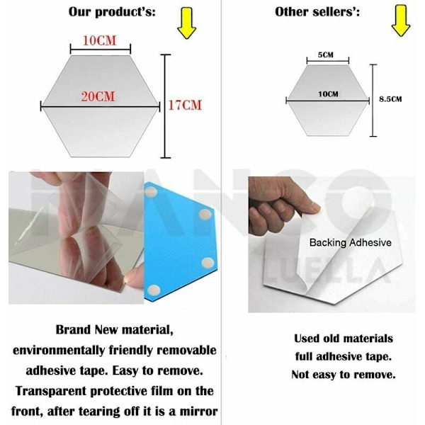 Sett med 12 akrylspeil selvklebende plast sekskant veggklistremerker for hjemmedekor, for stue, soverom, over sofa eller TV gull,