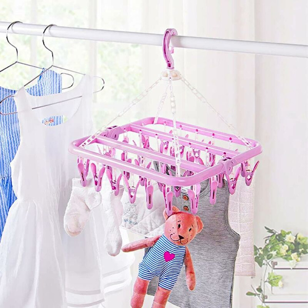Sock Drying Rack med 32 klämmor Hängande torkställ Kan roteras och vikas 360¡ã Rosa