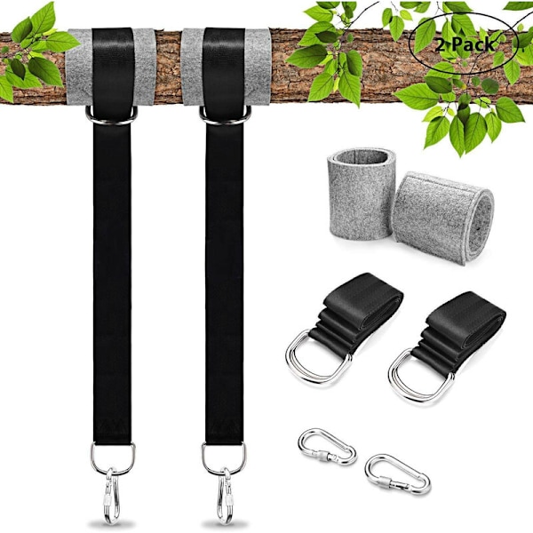 Trädgunga hängande kit (Set om 2) Håller 2200 LBS 5ft remmar + 2 trädskydd + 2 karbinhakar, enkel installation för alla gungor eller hängmattor (svart