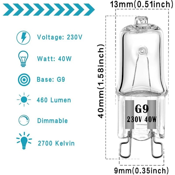 Sats med 4 G9-halogenlampor för ugn 40W 230V Lampa med tolerans på 300°C [Energiklass G]