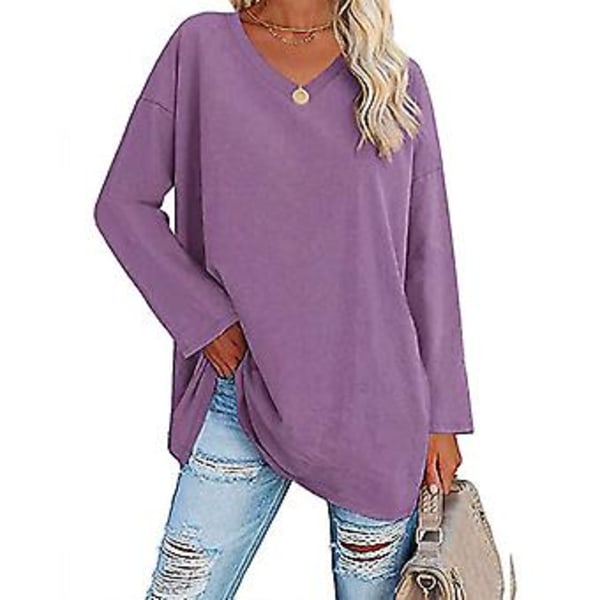Dame Bluse Langermet Skjorte Ensfarget Pullover V-hals Løs Kant Casual Design Lilla XL