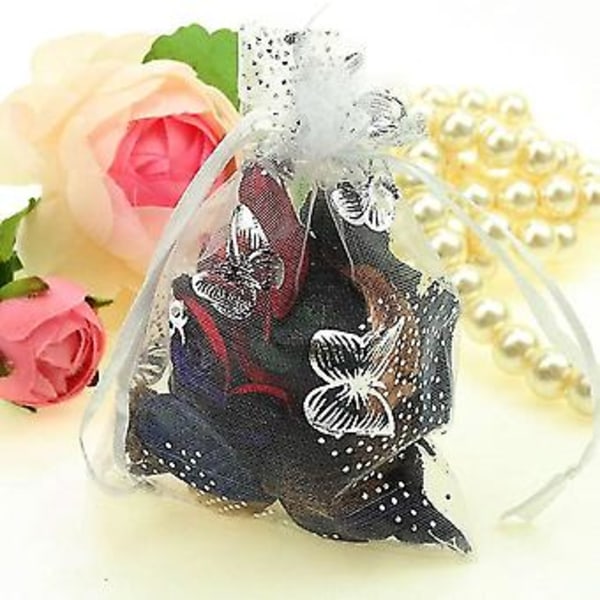 100 stk. 9x12cm Sommerfugl Organza Smykker Gavepose Slikpose Snøre Bryllupsgaveposer Hvid