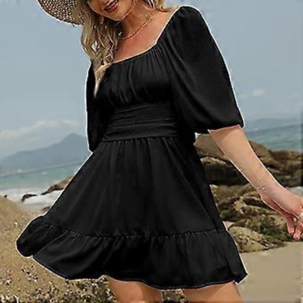 Sort Off Shoulder Mini Kjole - Stilfuld Halv Lanterneærme Bindebånds Rynket Sommer Outfit, M