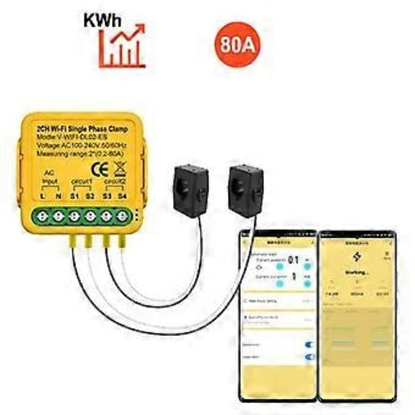 Tuya Bilateral WiFi Energimätare 80A med Clamp CT KWh Effekt Elförbrukningsmätare för Alexa Home(B)