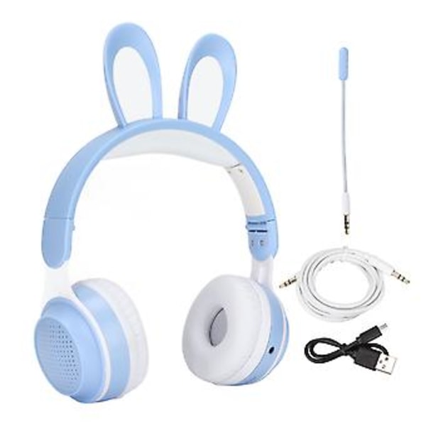 Kaninöron Bluetooth 5.0 Hörlurar Hopfällbara Trådlösa Barnheadset med LED-färgljus för PC Tablet Onlineinlärning Blå