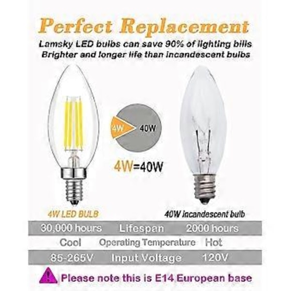 E14 Europeisk Sockel LED Filament C35 Bullet Top Vintage Edison Glödlampa, 4W Kallvit 6500k, Ej dimbar, 4 st