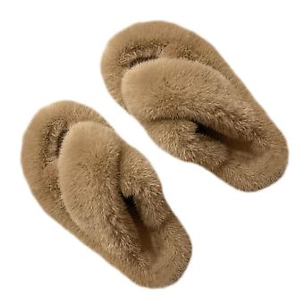 Dame Fuzzy Tøfler Åpen Tå Kryssbånd Stil Varme Myke Kunstig Ull Dame Hjemmesko for Soverom Hjem Khaki 38 EU Størrelse
