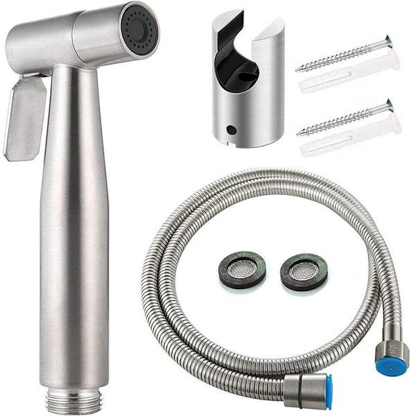 Toilet bidet kit med håndbruser, bidet håndbruser, toilet håndbruser med slange + rustfrit stål støtte + 2 tætninger