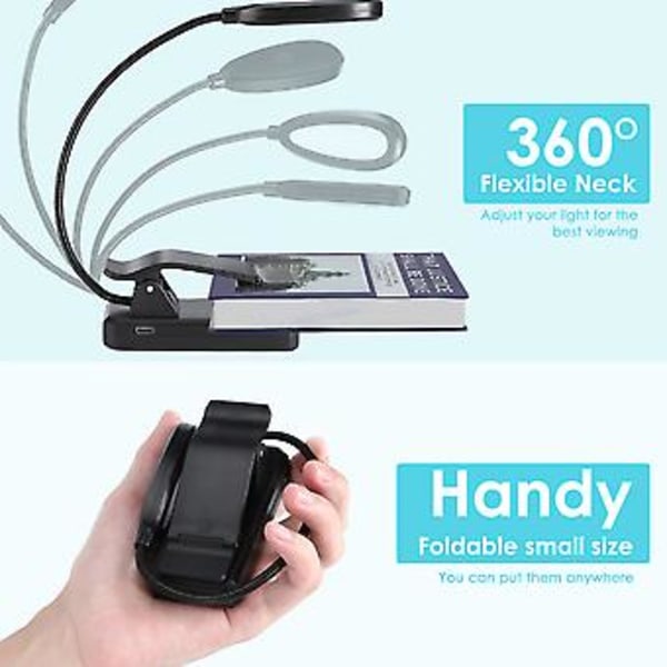 FBA Monopolys Trefarget temperatur boklampe med klips, innebygd batteri 1000 mAh, svart type USB-lading, enkel hodelykt