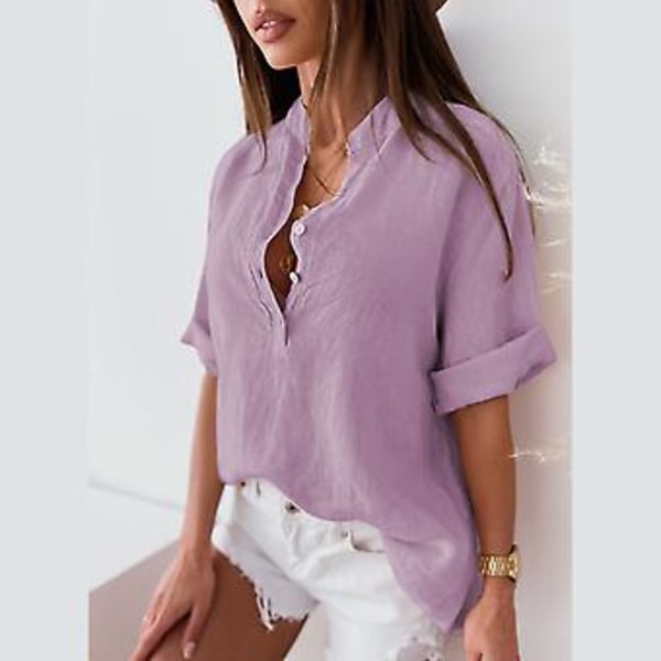 Dame Skjorte Casual Pullover Sommer Ensfarget Halv Erme Maskinvask Pustende Polyesterfiber Skjorte Lilla L