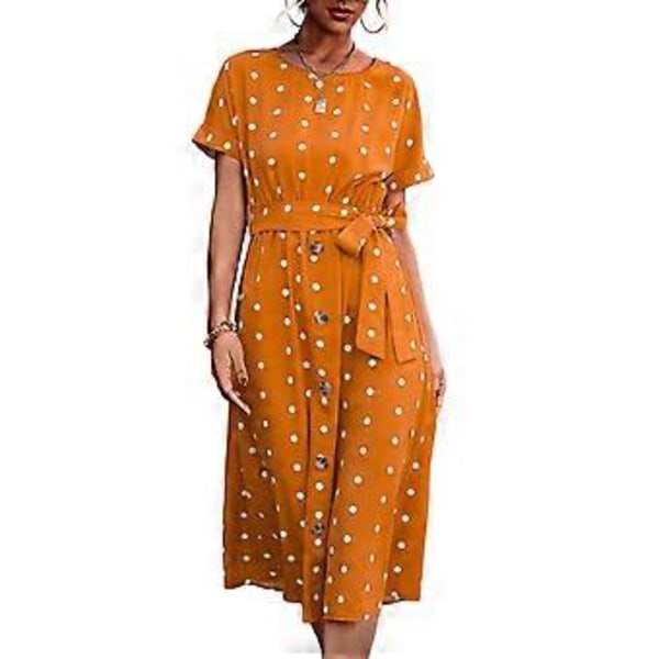 Gul Prikket Kortærmet Kjole - Taljebælte Rund Hals Knaplukning Casual Sommer Outfit, S