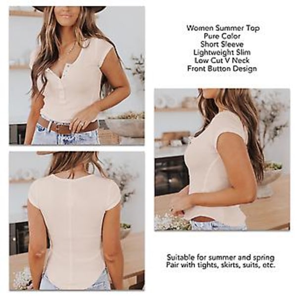 Dame Sommer Top Kortærmet V-Hals Knap Slim Skjorte til Hverdagsbrug og Udendørs Sport ESTC010 Beige S