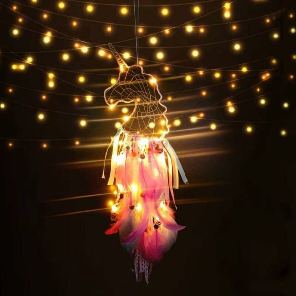 Enhjørning drømmefanger med LED lys, fjer drømmefanger dekoration til piger, soveværelse dekoration Væghængende velsignelse gave (Enhjørning1)