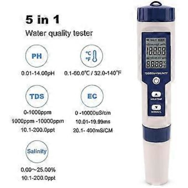5 I 1 Digital Måler Tds / Ec / Ph / Saltholdighed / Temperatur Vandkvalitets Overvågnings Tester (hs)