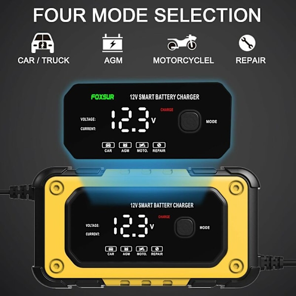 Intelligent Batterioplader til Bil og Motorcykel 12V 6A, Automatisk Batterivedligeholdelse til Bil Motorcykel Lastbil