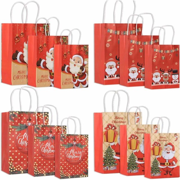 Julegavepose, 12 STK julekraftpapirposer med håndtak, slitesterk bursdagsgodtepose, stor, middels og liten gavepose til Kristus