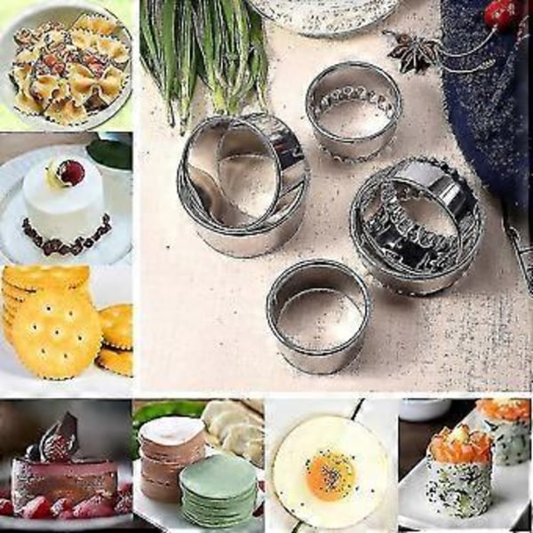 Kakeutstikkersett i rustfritt stål, runde kjeksdeigutstikkere med flat og riflet kant, deigutstikkere for dumplings (6 stk, sølv)