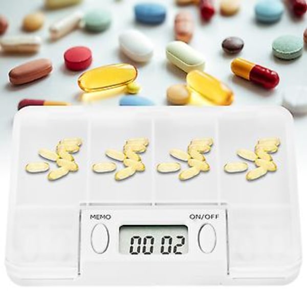 Firkantet 4-rums Pilleæske Medicinholder Organizer Elektronisk Tablet Påmindelse (Hvid)