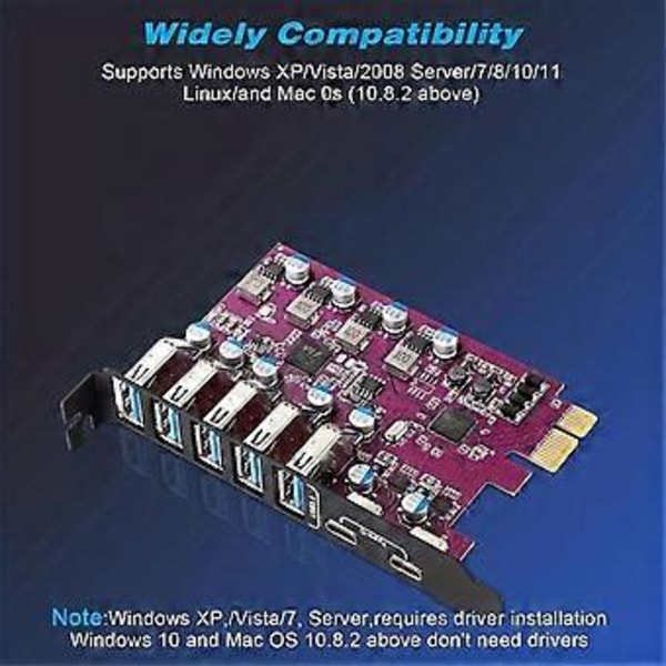 7 Portin USB 3.0 -laajennuskortti USB-A 5X USB-C 2X PCI Express USB -lisäkorttikeskitin muunnin pöytätietokoneen isäntäkortille