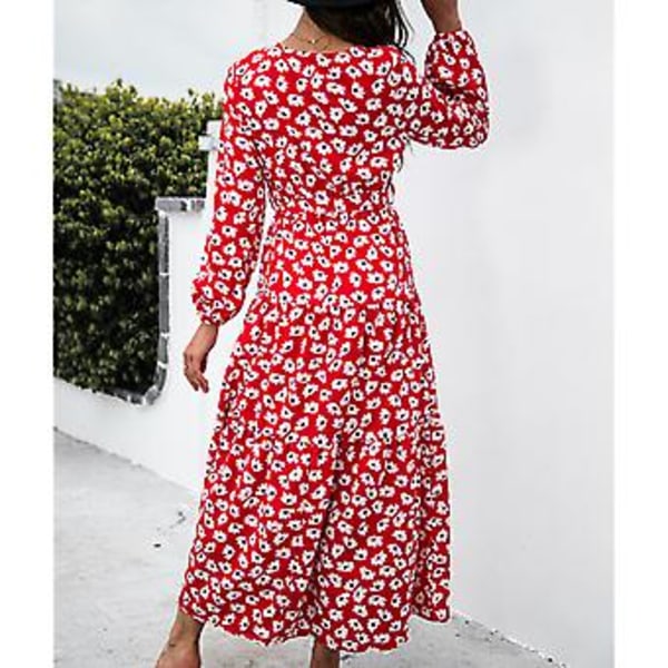 Maxikjole V-hals Blomsterprint Knyte Midje Lange Puffermer Flytende Swing Kjole for Kvinner Rød XL