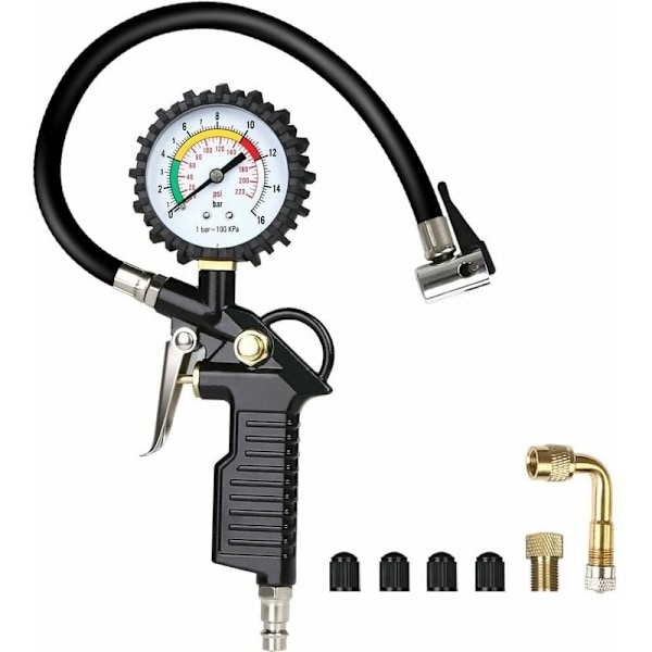 Tire Pressure Gauge, Digital Tire Pressure Gauge, Tire Inflator Gun Gauge with 4 Valve Caps//French Air Nozzle Adapter//90 Degree Metal Extension Ro