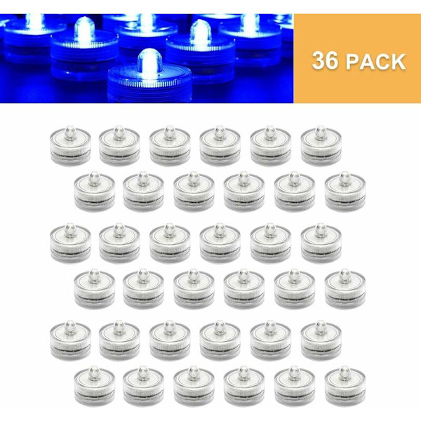 36-pack blåa vattentäta runda undervattens-LED-tealights, nedsänkbara lampor för hem, bröllop, fest, vas, festival, alla hjärtans dag-dekoration