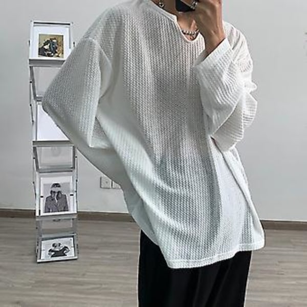 Långärmad T-shirt för män V-ringad Trendig Minimalistisk Casual Topp för Män för Daglig Utomhusbruk Vit L