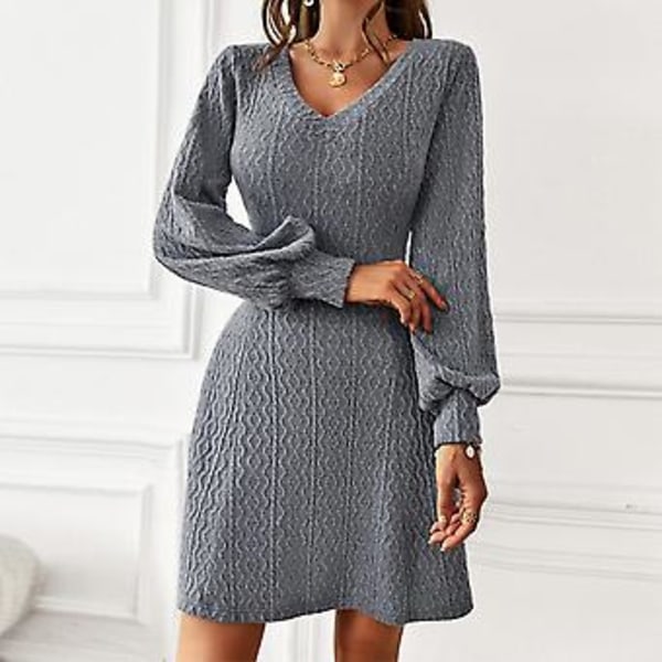 V-hals Strikket Langermet Kjole Moderne Elegant Klassisk Midje Slim Fit Dame Genser Kjole for Høst Vinter Mørk Grå S