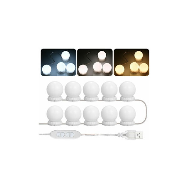 LED-peilivalaisusarja meikkipöydälle, jossa on 10 säädettävää polttimoa, 10 kirkkautta ja 3 valaistustilaa, USB-tyyppi, valkoinen - valkoinen