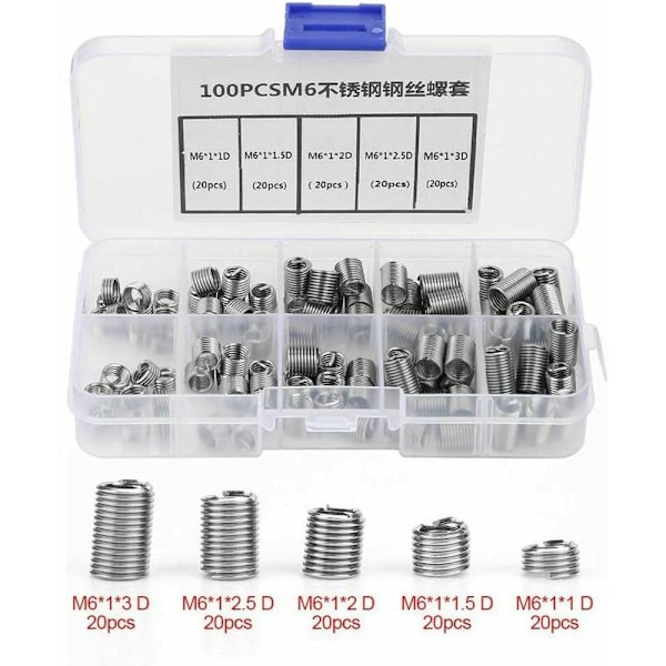M6 gevindindsats, 100 stk. M6 indsatsgevind i rustfrit stål spiraltråd spiralgevindindsatser