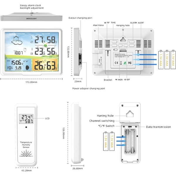 Trådløs vejrstation med 2 udendørs sensorer, radiovækkeur indendørs og udendørs alarmur lufttemperatur og luftfugtighed trådløs vejrstation wi