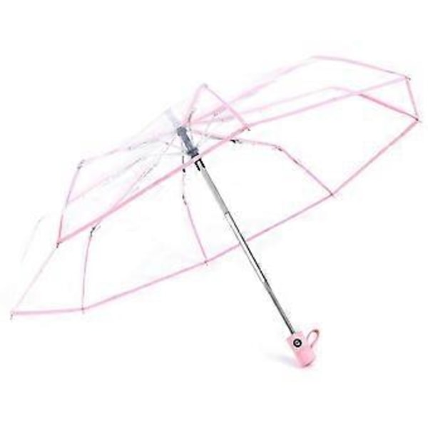 Transparent Paraply Automatisk Paraply Regn Kvinder Mænd Auto Paraply Kompakt Foldbar Vindtæt Stil Klar paraply, Transparent + pink kant