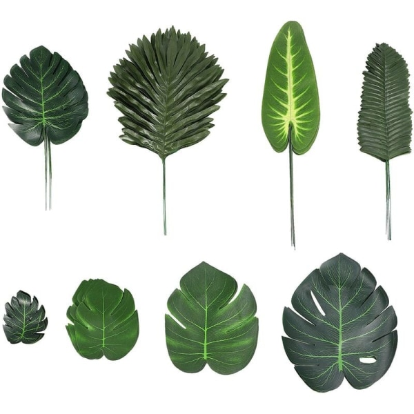 68 stycken 8 sorters tropiska festdekorationer Monstera blad, konstgjorda palmblad med falsk stam