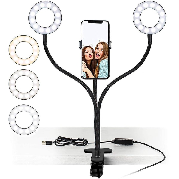 Black Ring Double Light With Cell Phone Holder Stand For Live Stream/makeup, Led Camera Lighting With Flexible Arms Compatible With All Ipho