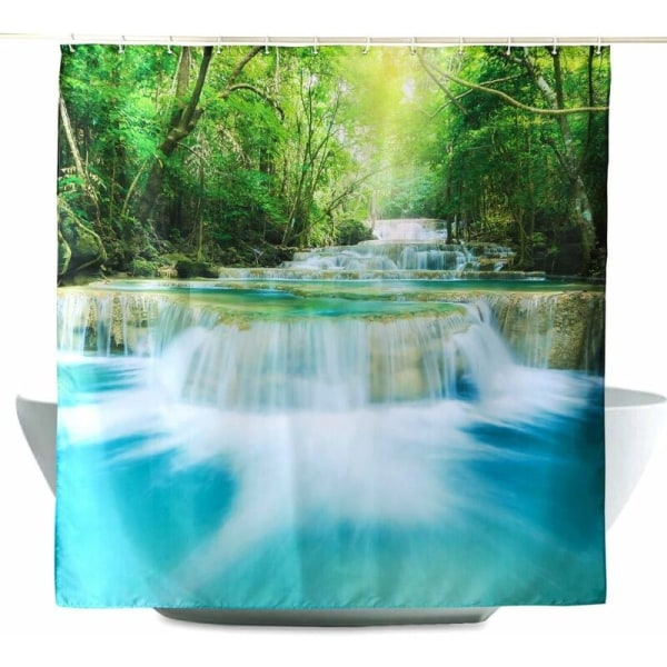 Badeværelse Dekorativ, Grøn Sø Sommer Vandfald i Skov Skov Natur Jungle Scenekunst Tryk Brun Hvid, Vandtæt Polyester Fab