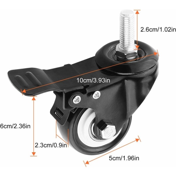 2 tommers svingbare hjul med brems, tunge gummi svingbare hjul for håndvogn, arbeidsbord, møbelhjul (M10 x 25 gjengestangbolt)
