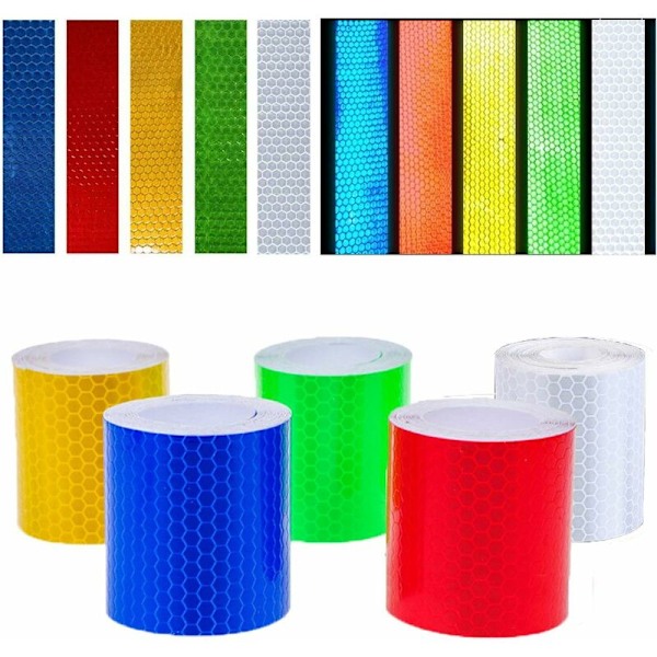 Reflekterende Tape - 5 stk 5cm x 3m Sikkerhetsvarslingsbånd, Sterk Adhesjon og Vanntett, Høy Synlighet Høyreflekterende, 5 Farger