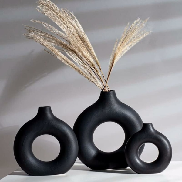 Matte sorte vaser, keramiske vaser, moderne donutformede vaser til boligindretning, stue, midterstykker og begivenheder, 23  22,5 cm