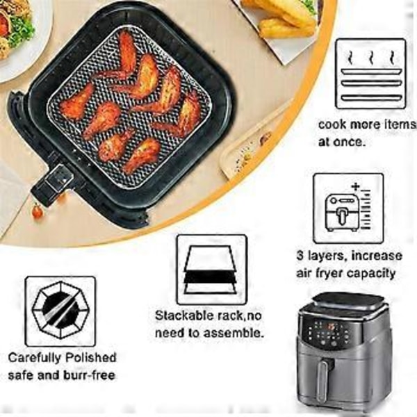 Air Fryer Racks, Firkantet Tre Lag Stabling Rustfritt Stål Rack, Varmluftsfrityr Tilbehør, Air Fryer Tilbehør
