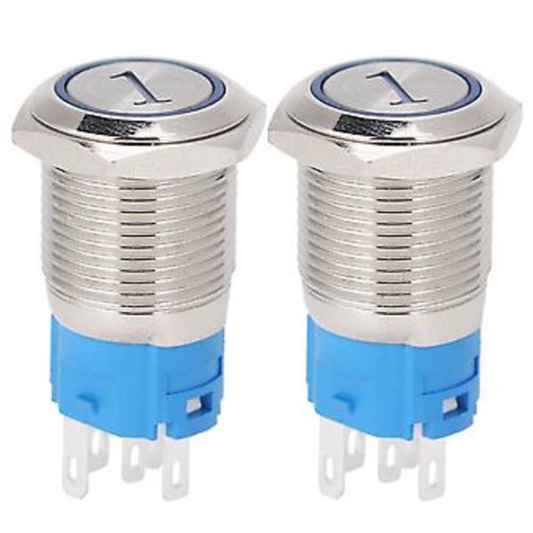 2 stk. 16mm Reset Momentan Trykknap Flad Rund 5 Ben med LED og Tal 1 Blå 12VDC