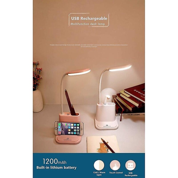 USB-laddningsbar LED-skrivbordslampa med USB-utgångsport pennhållare 2 ljuslägen