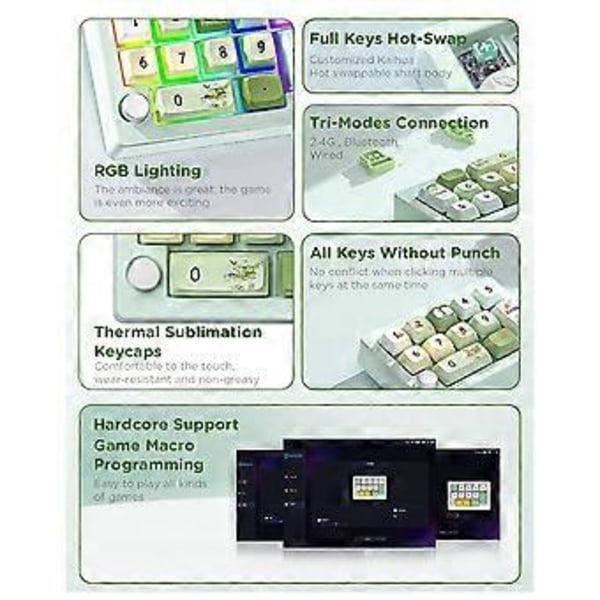 Tre-läges Hot-Swappable Digital Mekaniskt Tangentbord Makro Definition RGB Gaming Mekanisk Knappsats Ratt Hårdvara Grön