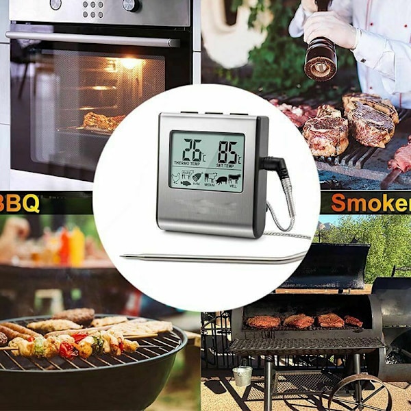 TP16 Digital Kökstermometer med Stor LCD-skärm för Rökugn Ugn Kök Godis Grilltermometer med Timer och Rostfritt Stål