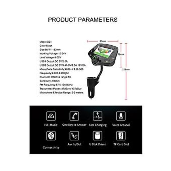 G24 FM Transmitter Bil Bluetooth Modtager Bil MP3 Afspiller Bil