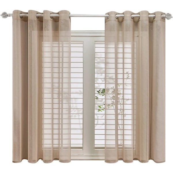 Sæt med 2 khaki gardiner i hørlook - Øjegardiner Soveværelsesdekoration Semi-transparent til stue Køkken Gardin 140x145cm(Bred