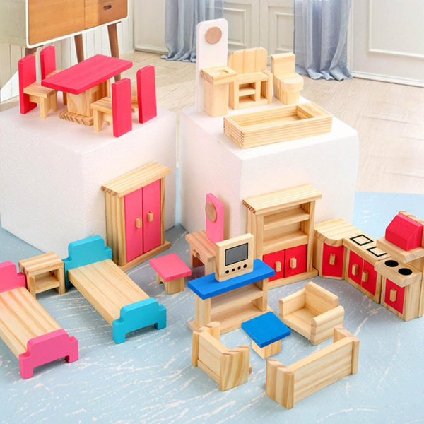 1:12 Simulering Træmøbler Sæt Seng/bord/sofa/komfur Sand Legetøj Model Layout