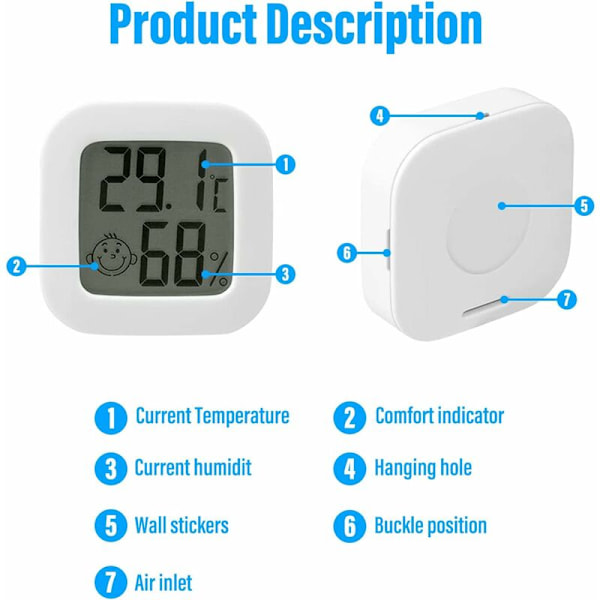 Mini LCD digitaalinen sisäilman kosteusmittari lämpömittari, kannettava korkean tarkkuuden lämpötila kosteus -50℃ 70℃ (valkoinen) 3 kpl