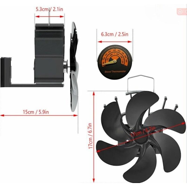 6-teräinen puuhellan tuuletin lämpömittarilla