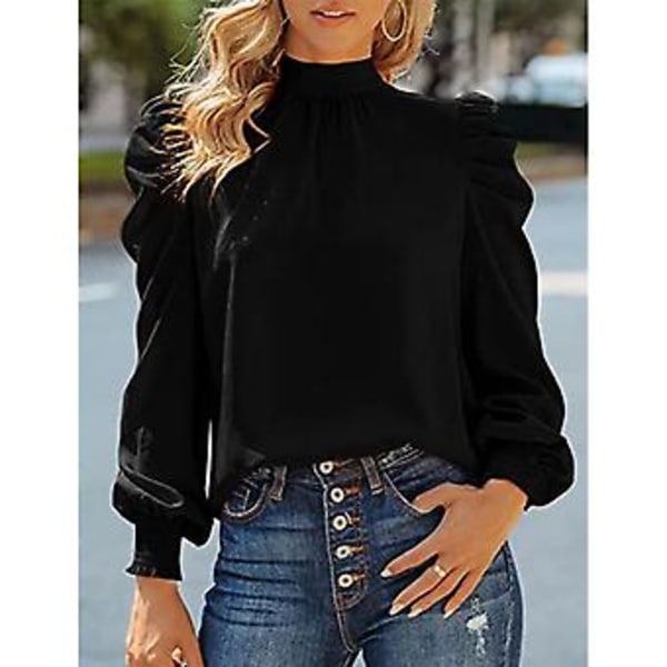 Dame Lang Puff Erme Topper Skjorte Moderne Elegant Løs Casual Ren Farge Høy Hals Bluse for Arbeid Svart XXL