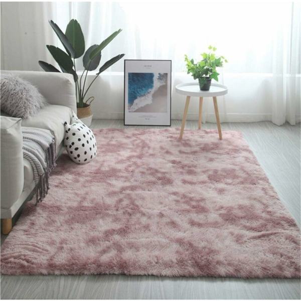 Mjuk och fluffig gradientmatta, tvättbar långhårig med halkfri botten, modern dekorativ matta för vardagsrum, sovrum, soffa (rosa + lila)